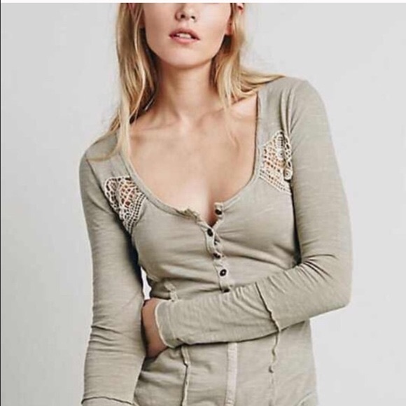 Free People Tops - Free people long sleeve Henley tee lace cutouts